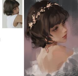  1girl black_hair bob_cut earrings floral_headpiece highres jewelry jiyub looking_back photo_inset profile real_life realistic shirt short_hair signature solo upper_body white_shirt 