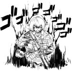  angry assault_rifle aura didloaded gun load_bearing_vest looking_at_viewer m4_carbine magazine_(weapon) military military_uniform mizuhashi_parsee monochrome operator pointy_ears rifle short_hair simple_background solo touhou uniform weapon 