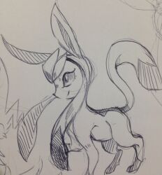  animal_focus closed_mouth commentary from_side full_body glaceon greyscale highres monochrome no_humans pkbunny pokemon pokemon_(creature) pokemon_focus sketch smile untranslatable_commentary white_background 