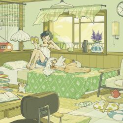  2girls absurdres ahoge akioka_(kairo) analog_clock animal bare_arms bare_shoulders barefoot bed black_hair blanket blue_shorts book calico_(pattern) calico_cat cat chair cherry_print clock commentary_request cup denim denim_shorts desk fetal_position flower food_print fruit_print full_body glasses green_shirt hair_spread_out highres holding holding_book indoors kettle knees_up lamp light_smile long_hair lying mug multiple_girls office_chair on_bed on_side open_book open_window original pen pile_of_books pillow print_slippers purple_flower radio reading shirt short_hair short_shorts shorts simple_background sleeping sleeveless sleeveless_shirt slice_of_life slippers steam steaming_cup swivel_chair table teapot unworn_slippers vase white_hair white_shirt white_shorts window 