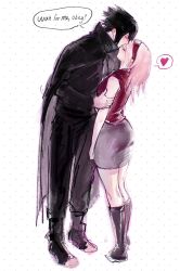  1boy 1girl black_cloak black_hair blush boots cloak commentary couple english_text full_body hair_between_eyes hairband haruno_sakura heart highres kiss kissing_forehead knee_boots meomeorrrr miniskirt naruto_(series) naruto_shippuuden pink_hair red_hairband red_shirt shirt skirt smile speech_bubble spiky_hair spoken_heart standing uchiha_sasuke untranslatable_commentary 