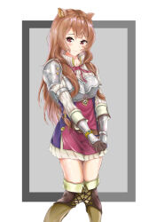  1girl animal_ear_fluff animal_ears armor belt black_dress blunt_bangs boots breastplate breasts brown_armor brown_belt brown_boots closed_mouth collared_dress commentary cowboy_shot double-parted_bangs dress english_commentary gauntlets gold_bangle grey_armor grey_background hair_tubes high_collar highres knees_together_feet_apart layered_dress leather leather_armor leather_boots lloyd_kyle long_hair long_sleeves looking_at_viewer medium_breasts metal_arm_cuffs metal_hair_tubes metal_wrist_cuffs missing_tail neck_ribbon own_hands_together pauldrons pinstripe_dress pinstripe_pattern raccoon_ears raccoon_girl raphtalia red_dress red_eyes red_ribbon ribbon short_dress shoulder_armor single_pauldron sleeveless sleeveless_dress smile solo straight_hair tanuki tate_no_yuusha_no_nariagari thigh_boots two-tone_armor two-tone_dress white_background white_dress yellow_trim zettai_ryouiki 