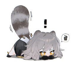  ! +_+ 1girl absurdres animal_ears black_boots black_gloves black_jacket black_skirt boots chibi chibi_only covered_mouth full_body gloves grey_hair hair_between_eyes highres honkai:_star_rail honkai_(series) ieririr jacket kemonomimi_mode long_hair long_sleeves looking_to_the_side miniskirt raccoon_ears raccoon_girl raccoon_tail shadow signature simple_background skirt solo speech_bubble spoken_object stelle_(honkai:_star_rail) tail tail_raised trailblazer_(honkai:_star_rail) trash_can v-shaped_eyebrows white_background yellow_eyes 