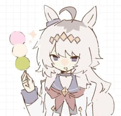  1girl ahoge animal_ears blue_eyes blue_sailor_collar choker commentary dango drooling ear_ornament english_commentary food grey_hair grid_background hair_ornament holding holding_food holding_skewer horse_ears horse_girl imaichichan long_hair long_sleeves neckerchief oguri_cap_(starlight_beat)_(umamusume) oguri_cap_(umamusume) red_neckerchief sailor_collar sanshoku_dango shirt simple_background skewer solo umamusume upper_body wagashi white_background white_shirt 