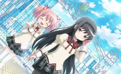  2girls ^_^ akemi_homura artist_request black_hair black_hairband black_pantyhose black_skirt blue_sky bow bowtie clenched_hands closed_eyes closed_mouth cloud collared_shirt commentary cowboy_shot day dot_nose dutch_angle eyelashes game_asset gate hair_between_eyes hair_ribbon hairband hand_in_own_hair happy high_collar highres jewelry jitome juliet_sleeves kaname_madoka knees lace-trimmed_shirt lace-trimmed_sleeves lace_trim layered_shirt light_blush light_particles long_hair long_sleeves looking_at_another mahou_shoujo_madoka_magica mahou_shoujo_madoka_magica_(anime) mahou_shoujo_madoka_magica_magia_exedra miniskirt mitakihara_school_uniform multiple_girls official_art open_mouth outdoors pantyhose pink_hair plaid_clothes plaid_skirt pleated_skirt pocket puffy_sleeves purple_eyes red_bow red_bowtie red_ribbon ribbon ring school school_uniform shirt short_hair short_twintails sidelocks sidewalk skirt sky sleeve_cuffs smile sparkle standing studded_hairband studs thighhighs third-party_source twintails very_long_hair white_thighhighs yellow_shirt zettai_ryouiki 