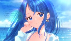  1girl aged_up bikini blue_eyes blue_hair blue_sky blurry blurry_background bokeh bow bow_earrings closed_mouth clouds cloudy_sky commentary cut_bangs day depth_of_field earrings halterneck hand_in_own_hair highres hirogaru_sky!_precure horizon jewelry kyanos_(b_0000ff) lens_flare long_hair long_sleeves ocean open_clothes open_shirt outdoors precure shirt signature single_sidelock sky smile solo sora_harewataru swimsuit watermark white_shirt 