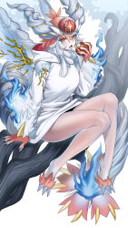  1girl absurdres body_fur claws commentary_request duel_monster fang hair_between_eyes highres hooded_shirt looking_at_viewer monster_girl multicolored_hair open_mouth pink_hair sinful_spoils_of_the_winter_raven's_forest sitting sitting_on_branch skin_fang solo tail thighs two-tone_hair white_background white_hair wings yellow_eyes yu-gi-oh! yxzzbg 