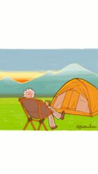  1boy chair classicaloid crossed_legs cup facing_away folding_chair grass highres holding holding_cup letterboxed ludwig_van_beethoven_(classicaloid) male_focus mountainous_horizon outdoors signature solo tent white_hair yatta_kita 