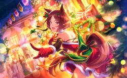  1girl animal_ears back_bow bare_arms bare_shoulders blush bow christmas_tree detached_collar dress ear_ornament fur_trim game_asset gloves green_bow highres horse_ears looking_at_viewer official_alternate_costume official_art open_mouth pointing red_dress red_gloves red_hair red_ribbon ribbon sakura_laurel_(don't_stop_anymore!)_(umamusume) sakura_laurel_(umamusume) santa_costume santa_dress short_hair solo umamusume violet_eyes 