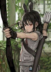  1girl animal_ears arrow_(projectile) black_gloves black_hair blurry blurry_background blurry_foreground bow_(weapon) closed_mouth commentary_request cowboy_shot drawing_bow dynamic_pose fingerless_gloves foreshortening from_side gloves grey_jacket grey_shorts grey_tail h2o_pipe hair_between_eyes highres holding holding_bow_(weapon) holding_weapon hood hood_down hooded_jacket jacket looking_ahead mole mole_under_eye original overgrown ponytail quiver rabbit_ears rabbit_girl rabbit_tail red_eyes short_ponytail shorts sidelocks sleeveless sleeveless_jacket slit_pupils solo standing tail twintails weapon 