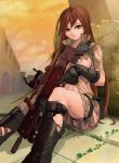  aimpoint amajita assault_rifle boots breasts brown_eyes brown_hair g36 g36k gloves gun highres long_hair original pouch rifle scope sitting smile solo thigh_strap torn_clothes very_long_hair weapon 