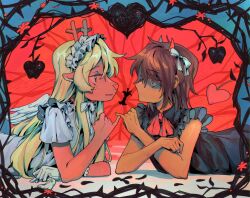  1girl 1other angel_and_devil angel_wings antlers apple apple_core black_dress blonde_hair bow brown_hair commentary deer_antlers deer_girl deltarune demon_horns dress english_commentary food frilled_dress frilled_hairband frills fruit furry furry_female goomyloid hair_bow hairband highres horns kris_(deltarune) long_hair lying medium_hair noelle_holiday on_stomach red_eyes red_horns thorns utdr_(toby_fox) white_bow white_dress white_hairband white_wings wings 