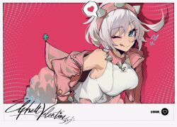  1girl bare_shoulders black_gloves blue_eyes character_signature collar commentary dress drop_shadow elphelt_valentine eri_(erikiri) fingerless_gloves gloves guilty_gear guilty_gear_strive hairband heart jacket leaning_forward light_blush long_sleeves looking_at_viewer off_shoulder one_eye_closed pink_collar pink_hairband pink_jacket red_background short_hair sleeveless sleeveless_dress solo speech_bubble spiked_collar spikes spoken_heart tongue tongue_out white_background white_dress white_hair 