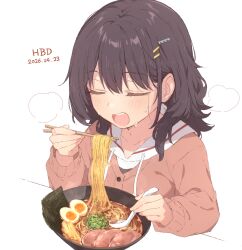  1girl black_hair blush bowl cardigan chives chopsticks closed_eyes cohiyuri commentary_request dated drawstring eating food hair_ornament hairclip hibi_wa_sugiredo_meshi_umashi holding holding_chopsticks holding_spoon kawai_mako long_hair long_sleeves meat multiple_hairclips noodles open_mouth pink_cardigan simple_background softboiled_egg solo spoon sweat udon white_background 