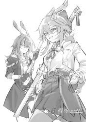  2girls absurdres animal_ear_hairband animal_ears bow bowtie breasts cowboy_shot evanescia_(honkai:_star_rail) fake_animal_ears flower fox_ears gloves glowstick greyscale hair_between_eyes hair_flower hair_ornament hairband highres holding holding_glowstick holding_ruler honkai:_star_rail honkai_(series) jacket long_hair long_sleeves looking_at_viewer medium_breasts monochrome multiple_girls ruler ryn_torishiba shirt short_hair_with_long_locks simple_background skirt smile stelle_(honkai:_star_rail) trailblazer_(honkai:_star_rail) twitter_username 