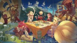  5girls :d absurdres alternate_costume animal_ear_fluff animal_ears arknights armor bird_girl black_feathers black_hat black_hoodie black_horns black_jacket black_shirt black_vest blonde_hair blue_hairband board_game book boulder braid braided_hair_rings breastplate bridge burnt_clothes campfire candlestand castle chain chalice chinese_commentary closed_eyes commentary_request crown cup cushion d20_(die) dagger demon_girl demon_horns dice dragon dress dungeons_&amp;_dragons earpiece expressionless extra_arms eyepatch feathers fighting fire flaming_sword flaming_weapon floppy_ears fox_ears fox_girl fox_tail from_behind gauntlets glint gloves grey_hair hair_rings hairband hands_up hat head_tilt head_wings heart highres hill holding holding_book holding_dagger holding_jewelry holding_knife holding_necklace holding_polearm holding_quill holding_weapon hood hood_down hoodie horns ifrit_(arknights) imagining infection_monitor_(arknights) jacket jewelry kitsune knife knight kotatsu kyuubi lanyard lens_flare level_up long_hair long_sleeves looking_at_viewer looking_back lying map material_growth medical_eyepatch mini_crown multiple_girls multiple_tails necklace off-shoulder_dress off_shoulder on_floor on_side originium_arts_(arknights) oripathy_lesion_(arknights) own_hands_clasped own_hands_together paper pillar_of_light pink_eyes pink_gloves pink_hair pink_nails playing_games playing_tabletop_game polearm polyhedral_dice popukar_(arknights) popukar_(witch's_swing)_(arknights) purple_shirt quill rabbit_ears rabbit_girl raidian_(arknights) raincloud scenery shamare_(arknights) shirt short_hair short_twintails sitting sleeveless sleeveless_shirt smile strapless stuffed_toy stuffed_wolf suzuran_(arknights) sword table tail teeth tower treasure tree tube_top twintails vest weapon white_dress white_hat wings witch_hat xue_meishu_mei_chulu zabuton 