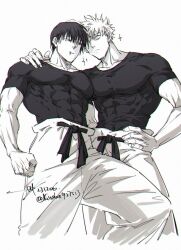  2boys closed_mouth compression_shirt covered_abs covered_pectorals from_below fushiguro_toji gojo_satoru greyscale hand_on_another's_shoulder hand_on_own_hip jujutsu_kaisen male_focus monochrome multiple_boys muscular muscular_male pants pectoral_docking pectoral_press pectorals sashiyu short_hair side-by-side simple_background twitter_username white_background 