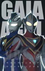  2boys alien blue_gem blue_skin castlings character_name chest_guard color_timer colored_skin commentary compound_eyes crossed_arms dark_background dorsal_fin english_text forehead_jewel gem giant giant_male glowing glowing_eyes gold_trim hand_up head_tilt highres looking_at_viewer male_focus mixed-language_text multicolored_skin multiple_boys no_pupils overlighting pectorals red_skin side-by-side signature silver_skin tokusatsu toned toned_male two-tone_skin ultra_series ultraman_agul ultraman_gaia ultraman_gaia_(series) upper_body white_eyes wrinkled_skin yellow_eyes 