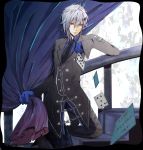  amnesia_(idea_factory) birthday blue_eyes card chain chains character_name chocoreshon curtains formal gloves ikki_(amnesia) male necktie pants playing_card smile solo suit white_hair 