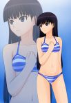  amagami ayatsuji_tsukasa bangs bare_shoulders bikini black_hair gradient gradient_background grey_eyes hand_on_own_chest highres kenken long_hair mizugi mound_of_venus navel purple_eyes purple_hair simple_background smile solo standing striped striped_bikini striped_swimsuit swimsuit zoom_layer 