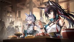  2girls :t animal_ears arknights artist_request bare_shoulders black_hair blaze_(arknights) blaze_the_igniting_spark_(arknights) blue_eyes bowl braid cat_ears cat_girl chopsticks cleavage_cutout clothing_cutout eating food game_asset hair_between_eyes hair_ornament hairclip hand_up hat headband highres holding holding_bowl holding_chopsticks holding_with_chopsticks indoors infection_monitor_(arknights) long_hair looking_at_another looking_at_food mole mole_under_mouth multiple_girls official_art people ponytail rice shirt single_bare_shoulder teeth third-party_source upper_body violet_eyes white_shirt xingzhu_(arknights) 