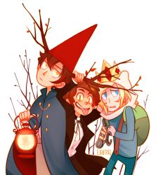  3boys adventure_time animification bad_end bad_end_friends bear_hat bill_cipher bipper conical_hat crossover dipper_pines elentori farmworld_finn finn_the_human gnome_hat gravity_falls highres holding holding_lantern ice_crown_(adventure_time) ice_finn jitome lantern male_focus multiple_boys oil_lamp over_the_garden_wall possessed priest the_beast_(over_the_garden_wall) wirt_(over_the_garden_wall) 
