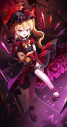  1girl absurdres alternate_costume bat_(animal) black_choker black_hat black_shirt black_shoes blonde_hair bow bowtie choker collared_shirt commentary_request cross_pendant crystal crystal_wings flandre_scarlet flower full_body full_moon hat hat_flower highres long_hair looking_at_viewer mob_cap moon multicolored_wings neck_flower night one_side_up open_mouth pendant_choker red_eyes red_flower red_moon red_rose red_shirt red_skirt rose sana_(sanapri11) shirt shoes skirt smile solo touhou wings yellow_bow yellow_bowtie 