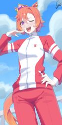  1girl absurdres animal_ears blue_sky blush breasts clouds crown gianxander hair_between_eyes highres horse_ears horse_girl horse_tail jacket long_sleeves looking_at_viewer mini_crown one_eye_closed open_mouth orange_hair orange_tail pants phone_wallpaper pink_crown red_jacket red_pants red_track_suit short_hair sky small_breasts smile solo t.m._opera_o_(umamusume) tail teeth tracen_training_uniform track_jacket track_pants track_suit umamusume upper_teeth_only violet_eyes 