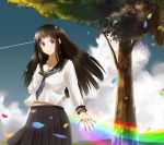  black_hair chitanda_eru cloud clouds condensation_trail hyouka karube long_hair petals pleated_skirt purple_eyes rainbow school_uniform skirt smile solo tree violet_eyes 