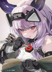  1girl :q arknights arknights:_endfield black_gloves black_hairband book commentary_request detached_sleeves gloves grey_background hairband highres holding holding_book holding_pen horns long_hair open_book pen pink_eyes purple_hair purple_horns simple_background solo tongue tongue_out typhoeus_(arknights) typhon_(arknights) upper_body yuuki_uyu 