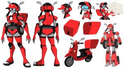  1girl absurdres aqua_eyes autobot belt_pouch black_hair box commentary english_commentary highres holding holding_box index_fingers_together jeetdoh motor_vehicle multiple_views on_scooter original pizza_box pouch riding riding_scooter robot robot_girl sad science_fiction scooter short_twintails side-view_mirror simple_background smile teardrop transformers twintails visor_cap wheel white_background 