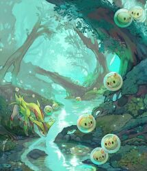  floating forest grass green_theme highres jjfsantos leaf moss nature no_humans open_mouth orange_eyes outdoors pokemon pokemon_(creature) pokemon_focus reflection river solid_oval_eyes solosis standing tree virizion 
