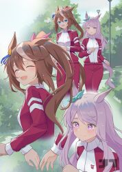  2girls animal_ears blue_bow blue_eyes blush bow brown_hair bush closed_eyes commentary duplicate hair_bow highres horse_ears horse_girl horse_tail imminent_hand_holding jacket jtleeklm long_hair looking_at_another looking_back mejiro_mcqueen_(umamusume) multicolored_hair multiple_girls open_mouth outdoors pants ponytail purple_hair red_jacket red_track_suit smile streaked_hair tail tokai_teio_(umamusume) tracen_training_uniform track_jacket track_pants track_suit umamusume untranslatable_commentary violet_eyes white_hair yuri 
