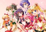  6+girls ;d aino_minako bishoujo_senshi_sailor_moon black_hair blonde_hair blue_eyes blue_hair bow brooch brown_hair chibi_usa choker double_bun elbow_gloves gloves green_eyes hair_bobbles hair_bow hair_ornament hairpin heart hino_rei inner_senshi jewelry kino_makoto long_hair magical_girl miniskirt mizuno_ami multiple_girls open_mouth pink_background pink_hair ponytail red_eyes ribbon sailor_chibi_moon sailor_collar sailor_jupiter sailor_mars sailor_mercury sailor_moon sailor_senshi sailor_venus short_hair skirt smile sora_(pikasora) sparkle super_sailor_chibi_moon super_sailor_moon tiara tsukino_usagi twintails v wink 