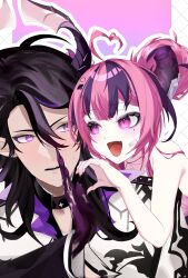  1boy 1girl ahoge black_hair broken_horn bubi_(ironmouse) commentary demon_girl demon_horns double_bun eyeshadow facial_mark hair_between_eyes hair_bun heart heart_ahoge heart_facial_mark highres horns ironmouse kurumahu_01 long_hair looking_at_another makeup mechanical_horns multicolored_hair open_mouth pale_skin pink_hair purple_hair sharp_teeth streaked_hair teeth violet_eyes virtual_youtuber vshojo 