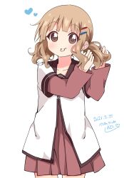  1girl artist_name az!_(azu) blunt_bangs blush brown_eyes brown_sailor_collar closed_mouth commentary_request cowboy_shot dated dress fang fang_out hair_ornament hair_tie hair_tie_in_mouth hairclip heart highres layered_sleeves long_sleeves looking_at_viewer mouth_hold nanamori_school_uniform oomuro_sakurako parallel_hairclips pleated_dress red_dress sailor_collar school_uniform shirt short_over_long_sleeves short_sleeves simple_background smile solo tying_hair white_background white_shirt winter_uniform yuruyuri 