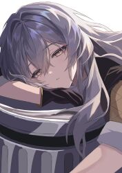  1girl absurdres black_gloves black_jacket commentary_request drooling fvikc7355 gloves grey_hair highres honkai:_star_rail honkai_(series) jacket long_hair looking_at_viewer resting shirt stelle_(honkai:_star_rail) trailblazer_(honkai:_star_rail) trash_can white_shirt yellow_eyes 