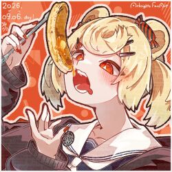  1girl animal_ears arknights bear_ears bear_girl blonde_hair border commentary_request copyright_name dated drooling eating food fork gummy_(arknights) hair_ornament hairclip highres holding holding_fork long_sleeves mouth_drool nail_polish open_mouth orange_background orange_nails outline pancake red_eyes sailor_collar short_hair sigma_4505 solo upper_body white_border white_sailor_collar 