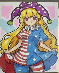  1girl absurdres american_flag american_flag_dress american_flag_legwear american_flag_pants american_flag_print blonde_hair blush border breasts closed_mouth clownpiece commentary_request cowboy_shot dot_nose dress fairy_wings flag_print hat highres holding_own_dress jester_cap kukurukurukuru long_hair looking_at_viewer nail_polish neck_ruff outline outside_border pants photo_(medium) pink_background pink_eyes pink_nails polka_dot polka_dot_headwear print_pants purple_hat shikishi short_sleeves simple_background small_breasts smile solo split_mouth standing star_(symbol) star_print striped_clothes striped_dress touhou traditional_media very_long_hair white_border white_outline wings 