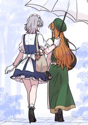  2girls bag_charm beret black_gloves black_shoes blue_dress braid character_charm charm_(object) commentary_request danna_(dng_satou) dress facing_away fingerless_gloves from_behind gloves green_hat green_skirt green_vest grey_hair hat high_heels highres holding holding_umbrella hong_meiling izayoi_sakuya long_hair maid maid_headdress multiple_girls orange_hair photo-referenced pinafore_dress puffy_short_sleeves puffy_sleeves remilia_scarlet shirt shoes short_sleeves skirt sleeveless sleeveless_dress socks touhou umbrella vest white_gloves white_shirt white_socks 
