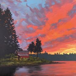  acrylic_paint_(medium) cabin clouds cloudy_sky colorful colorful_clouds commentary english_commentary evening forest jimmusilpainter lake landscape nature no_humans original outdoors painting_(medium) reflection scenery shore sky sky_focus traditional_media tree 