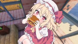  1girl ascot blonde_hair blush bow burger collared_shirt commentary_request eating flandre_scarlet food frilled_skirt frills hat hat_bow highres holding holding_burger holding_food looking_at_viewer minecraft missing_wings mob_cap one_side_up puffy_short_sleeves puffy_sleeves red_bow red_eyes red_skirt red_vest shirt short_sleeves skirt skirt_set solo touhou vest white_hat white_shirt yellow_ascot yunaivt 