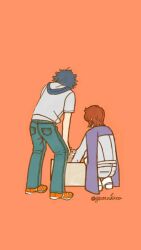  2boys black_hair boots box brown_hair cape cardboard_box classicaloid denim dog facing_away frederic_chopin_(classicaloid) hands_on_own_knees hood hood_down hooded_shirt jeans kagura_sousuke male_focus multiple_boys orange_background orange_shoes pants purple_cape shoes short_hair signature simple_background squatting track_suit yatta_kita 