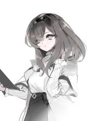  1girl absurdres arknights black_hairband black_skirt brown_hair chinese_commentary clipboard closed_mouth coat commentary_request cowboy_shot expressionless grey_eyes hair_over_one_eye hairband hand_in_own_hair highres holding holding_clipboard long_hair long_sleeves looking_at_viewer priestess_(arknights) simple_background skirt solo sweater turtleneck turtleneck_sweater white_background white_coat white_sweater yecan_qiao_qiao 