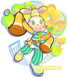  1other @_@ alternate_costume animal_ears aqua_pants asymmetrical_footwear balthasar_(puyopuyo) blue_bow blue_bowtie bow bowtie buck_teeth carrot commentary_request cooking_pot furry green_eyes holding holding_cooking_pot holding_ladle ladle long_sleeves musical_staff official_style open-toe_shoes open_mouth other_focus outstretched_arm overflowing pants pimyuhuwa puyopuyo puyopuyo_quest rabbit_ears rabbit_tail shirt shoes simple_background sleeves_past_fingers sleeves_past_wrists smile solo standing standing_on_one_leg star-shaped_pupils star_(symbol) striped_clothes striped_pants symbol-shaped_pupils tail teeth twitter_username vertical-striped_clothes vertical-striped_pants white_background yellow_shirt yellow_shoes 