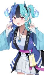  1girl absurdres achichi_mela aqua_hair black_hair black_horns blue_hair blue_happi braid camisole claw_pose commentary gradient_horns hair_ornament happi highres hololive horns japanese_clothes long_hair looking_at_viewer minto_(mint_00031) multicolored_hair multicolored_horns open_mouth pink_eyes pleated_skirt simple_background skirt solo split-color_hair tassel tassel_hair_ornament two_side_up untranslatable_commentary virtual_youtuber white_background white_camisole white_skirt 