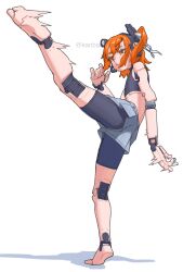  1girl a.i._voice adachi_rei barefoot black_bike_shorts commentary_request fighting_stance grey_skirt headset highres joints kanbaru_mitsuki kicking orange_eyes orange_hair robot_joints skirt 