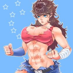  abs bandage bandages blue_background blue_eyes breasts brown_hair cleavage denim genderswap hokuto_no_ken jobiko kenshirou long_hair muscle navel scar solo star tank_top torn_clothes torn_shirt 