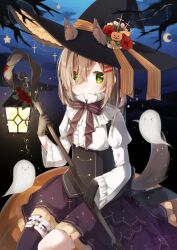  >_< 1girl :d animal_ear_fluff animal_ears black_gloves bow bowtie breasts brown_hair cat_ears cat_girl closed_mouth clouds cloudy_sky cowboy_shot cross dot_nose dress flower frilled_dress frilled_hair_tie frilled_thigh_strap frills ghost gloves hair_bow hair_ornament hair_ribbon hairclip hat hat_bow heripiro highres holding lantern light_blush long_hair looking_at_viewer night original outdoors plant pumpkin purple_bow purple_bowtie ribbon signature single_thighhigh sky smile solo star_(sky) starry_sky thigh-highs thigh_strap three-quarter_sleeves vines wand witch witch_hat 