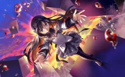 1girl akemi_homura akemi_homura_(magical_girl) artist_request back_bow backlighting bare_shoulders black_boots black_collar black_hair black_hairband blue_sky boots bow bowtie chest_jewel circle_skirt city closed_mouth cloud collar detached_collar detached_sleeves diamond_hair_ornament emphasis_lines feather-trimmed_sleeves floating_clothes floating_hair frilled_skirt frills frown full_body game_asset gem gradient_sky hair_ornament hairband high_heel_boots high_heels highres jitome lace-up_boots layered_sleeves light_blush light_particles long_hair looking_at_viewer magical_girl mahou_shoujo_madoka_magica mahou_shoujo_madoka_magica:_walpurgis_no_kaiten mahou_shoujo_madoka_magica_magia_exedra miniskirt official_art outdoors outstretched_arms pleated_skirt purple_bow purple_bowtie purple_eyes purple_gem purple_skirt shadow shirt sidelocks skirt sky solo strapless strapless_shirt sun sunset telekinesis thigh_boots third-party_source very_long_hair walking water_drop white_shirt white_sleeves yellow_sky